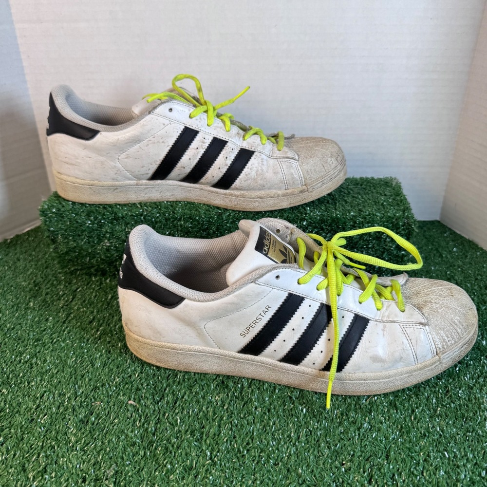 Adidas Superstar Mens White Black Shell Toe Sneakers C77124 Neon Laces 10.5